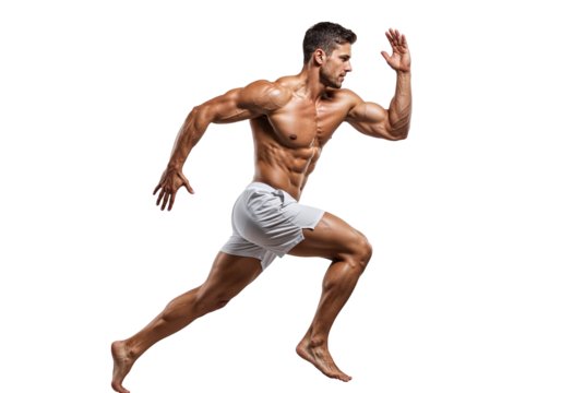 Muscular Athlete Sprinting in White Shorts on White Background