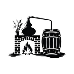 Vintage distilling equipment with barrel and fireplace illustration