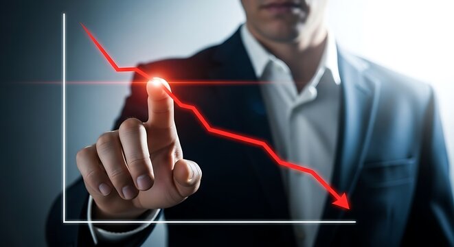 Businessman pointing at a downward trending graph, symbolizing financial loss and economic recession