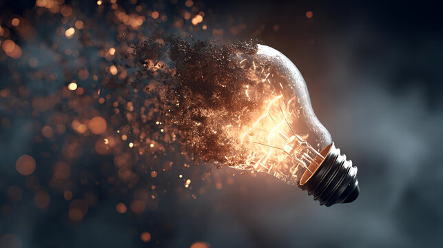 An exploding light bulb against a dark background, showcasing creativity and innovation in a dramatic way.