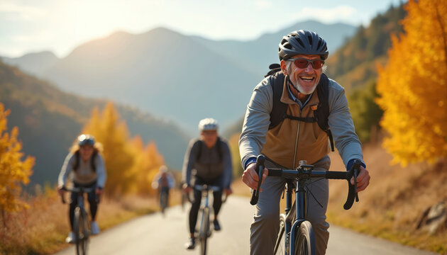 Smiling aged couple cycles on mountain road with autumn trees. Elderly man leads, woman follows, enjoying healthy active retirement trip. Friends bike together.