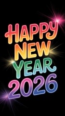 Obraz premium Vibrant rainbow colored happy new year 2026 text with sparkles on a black background