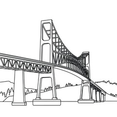 Detailed black and white line drawing of a large suspension bridge