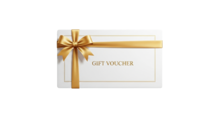 Elegant white gift voucher with a luxurious golden ribbon and bow.