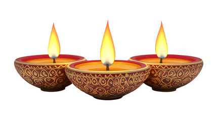 Ornate Traditional Clay Diya with Flame for Diwali Festival