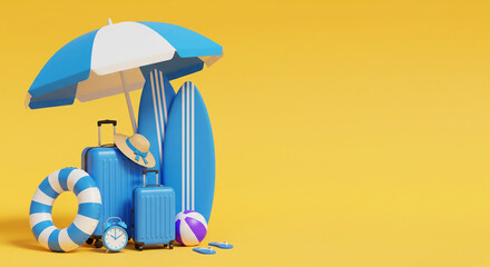 Summer Vacation Beach Gear with Surfboards and Luggage on Yellow Background