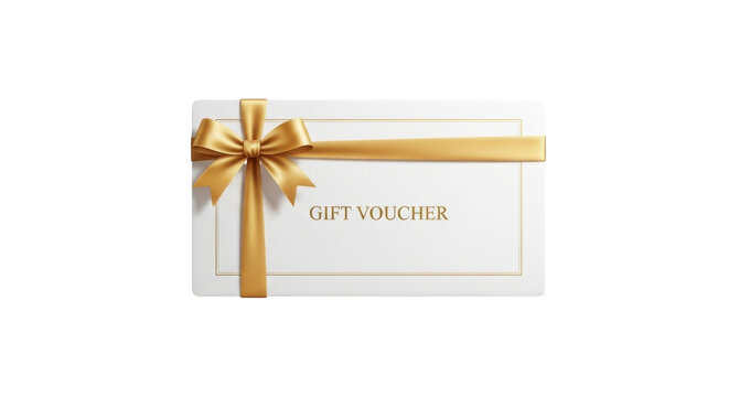 Elegant white gift voucher with a luxurious golden ribbon and bow.