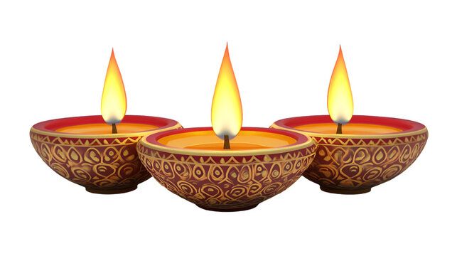 Ornate Traditional Clay Diya with Flame for Diwali Festival