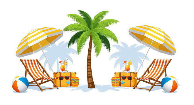 Tropical Beach Vacation Scene with Palm Tree, Beach Chairs, Umbrellas, Suitcases, and Drinks