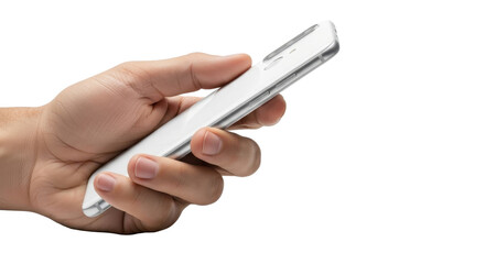 Fototapeta premium Hand holding a modern smartphone device isolated on white background.