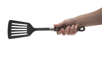 hand holding kitchen spatula with handle . Isolated on transparent background, png