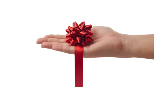  hand holding vibrant red bow . Isolated on transparent background, png