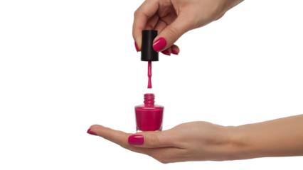 woman's hands with nail polish bottle, dipping brush . Isolated on transparent background, png