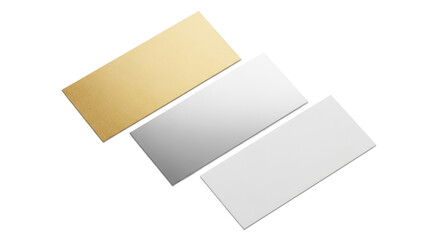 Three rectangular metal plates in gold silver and white colors.