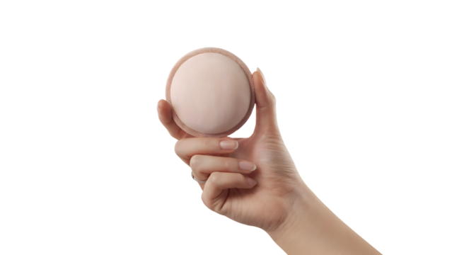 hand holding pink makeup sponge for beauty application . Isolated on transparent background, png