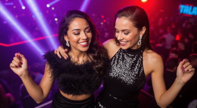 Smiling young women friends dancing at a party in a nightclub. Two stylish girls having fun together during a music event