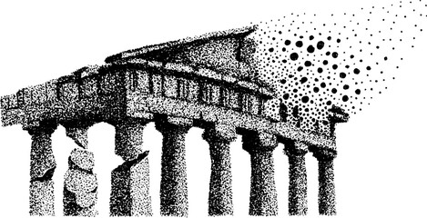 Cracked temple pediment with halftone effect