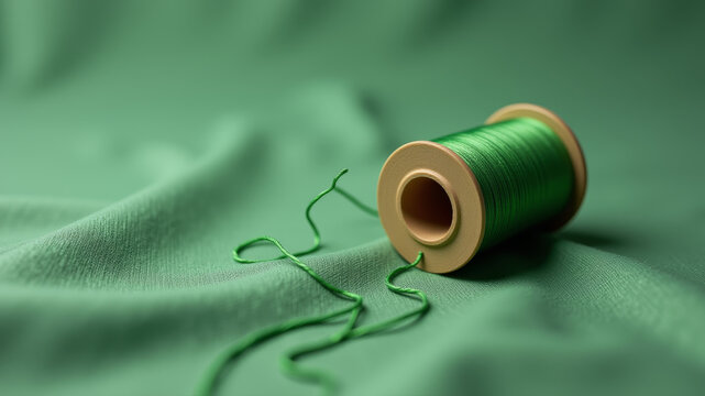 Green thread and wooden spool resting on vibrant fabric with visible stitch line