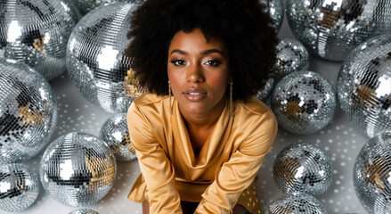 Glamorous Black woman with an afro hairstyle surrounded by disco balls. Stylish model in a gold top at a retro party celebration
