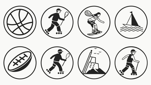Set of black and white round icons representing various sports and recreational activities