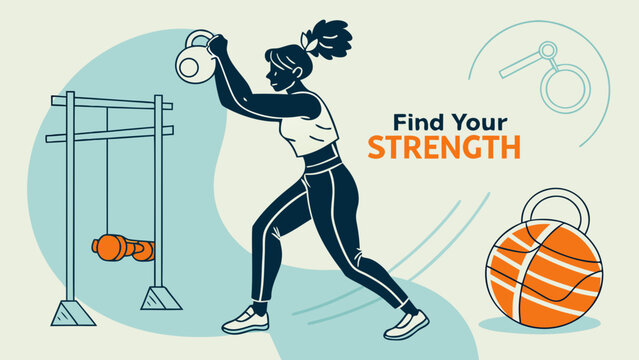 Woman training with kettlebell in modern gym illustration, promoting fitness and strength concept