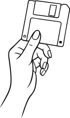 Hand Holding Floppy Disk – Retro Line Art Illustration