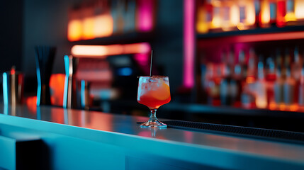 A vibrant cocktail with a straw sits on a well-lit bar. The drink is served in a stemmed glass, showcasing layers of color against the bar's modern, clean aesthetic.
