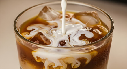 Iced Coffee with Milk Pour | Refreshing Cold Drink Close-up for Beverage Marketing, Cafe Menu Design, and Summer Promotions