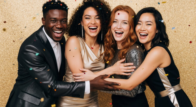 A diverse group of happy friends celebrating at a party with falling confetti. Multiethnic young adults laughing and hugging against a gold glitter background
