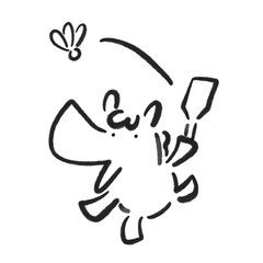 羽子板で羽根つきをして遊ぶ馬　正月素材・モノクロ・墨絵