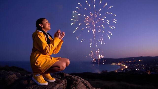 Woman crouch watching firework on coastline at dusk. Scenic coastal town lights glow. Travel and adventure tone suggests vacation lifestyle. Quiet reflective pose overlooks ocean. Night sparkles.
