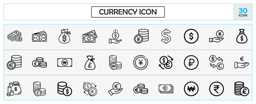 Represents money or a specific form of currency, such as a dollar sign ($), euro sign (&euro;), yen sign (&yen;), or a stack of coins/bills.