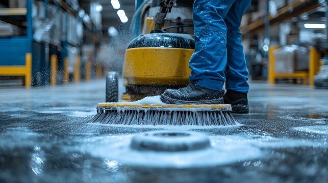 Industrial Floor Cleaning: Worker Operating Floor Scrubber Machine in Warehouse, Cleaning with Brush and Detergent, Professional Hygiene Maintenance - Powered by Adobe