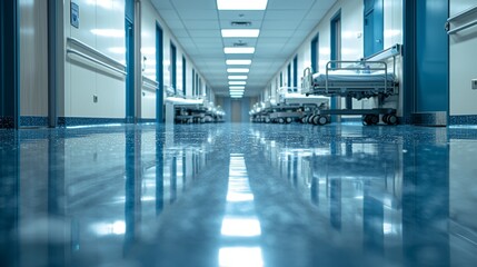 Fototapeta premium Empty Hospital Corridor with Gurneys: Reflective Floor, Clean Environment, Medical Facility Interior, Healthcare System, Waiting for Patients, Modern Design
