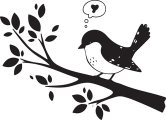 Whimsical bird writing love letter sitting on a tree branch thought bubble romance