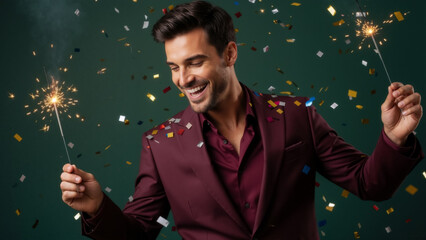 Joyful man in a stylish suit celebrating with sparklers and confetti. Happy person at a New Year's Eve or birthday party on a green background. Festive holiday concept