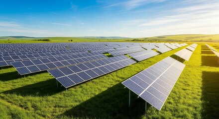 Aerial view of a vast solar panel farm nestled in a lush green field under a clear blue sky, concept for sustainable energy solutions, clean power initiatives and environmental conservation