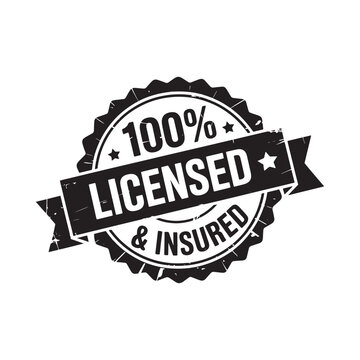100 percent licensed and insured emblem with stars and ribbon