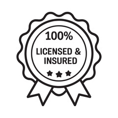100 percent licensed and insured emblem with ribbons and stars