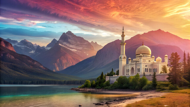 Mosque with golden dome on a lake shore with majestic mountains and colorful sunset sky building architecture Full HD 4K Video Download 2025 2026