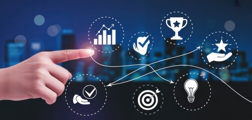 Strategic Vision: A visual representation of a finger pointing at the future concept, emphasizing planning, strategy, and achievement of goals with an overlay of graphic icons on a blurred background.