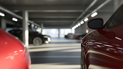 Fototapeta premium Exploring a sleek, modern parking garage with cars, bathed in soft, overhead lighting, creating an atmosphere of urban sophistication and automotive elegance.
