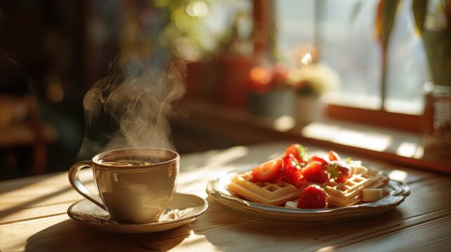 Delicious breakfast with steaming coffee and waffles with fresh strawberries - Powered by Adobe