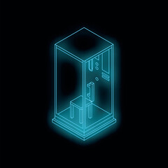 Neon elevator with chair moving upwards, symbolizing vertical transportation and futuristic design in isometric perspective