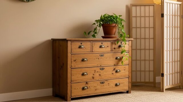 Rustic wooden dresser with a potted plant and a folding screen backdrop
