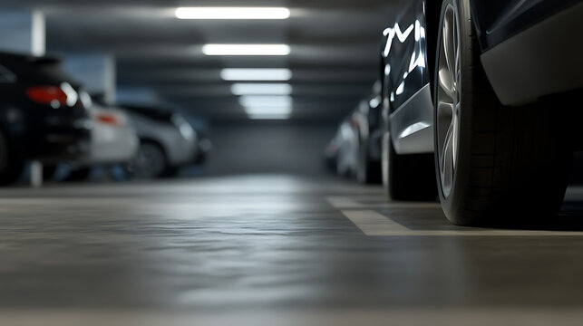 Cars are neatly parked in a row inside a dimly lit parking garage. The garage is empty, and the cars are all facing the same direction, creating a sense of order.
