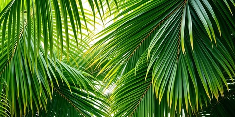 Fototapeta premium Overlapping green palm fronds create a lush tropical backdrop, jungle, sunlight