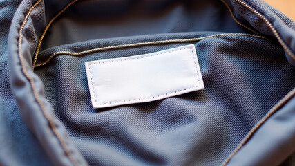 White blank label sewn inside blue denim shirt under the collar seam line