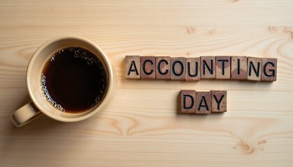 Coffee cup and wooden letter blocks spelling accounting day beverage dark liquid