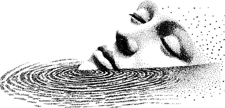 Surreal marble bust floating upside down with halftone texture for artistic design